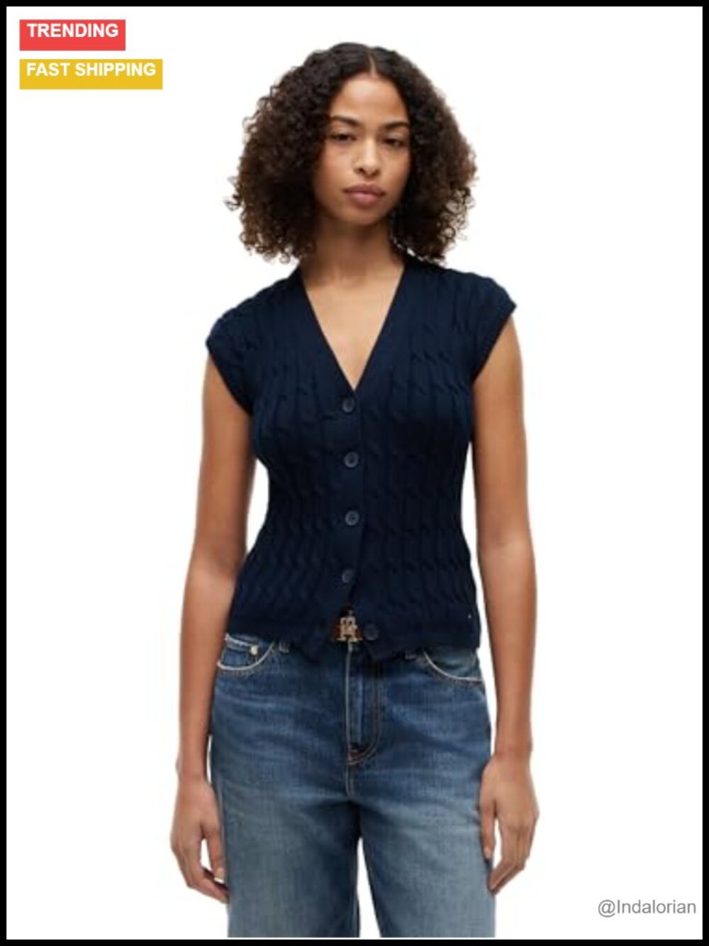 Cotton Cable Knit V-Neck Sleeveless Cardigan Button Down Sweater
